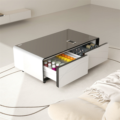 Tavolo da caffè in vetro moderno con ricarica e raffreddamento wireless Tavolo laterale a doppio cassetto