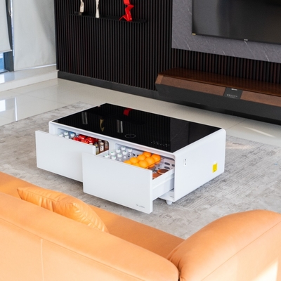 Tavolo da caffè in metallo di design moderno con ricarica wireless di lusso e frigorifero congelatore