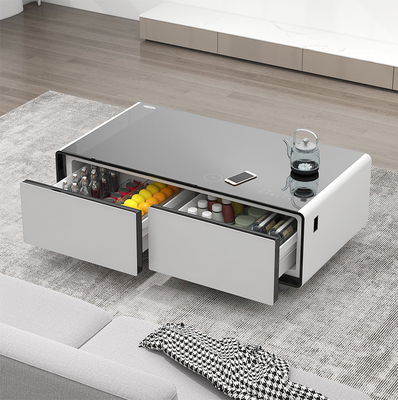 Tavolo da caffè in vetro moderno con ricarica e raffreddamento wireless Tavolo laterale a doppio cassetto
