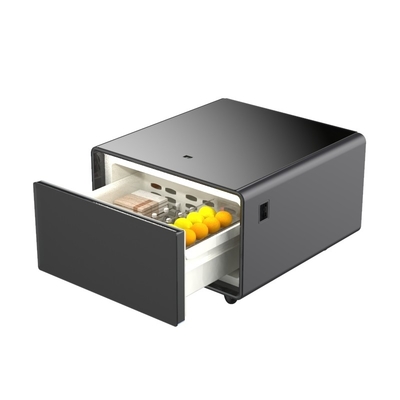 Moderno comodino in vetro temperato nero con ricarica wireless e mini frigorifero