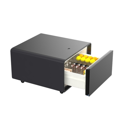 Moderno comodino in vetro temperato nero con ricarica wireless e mini frigorifero